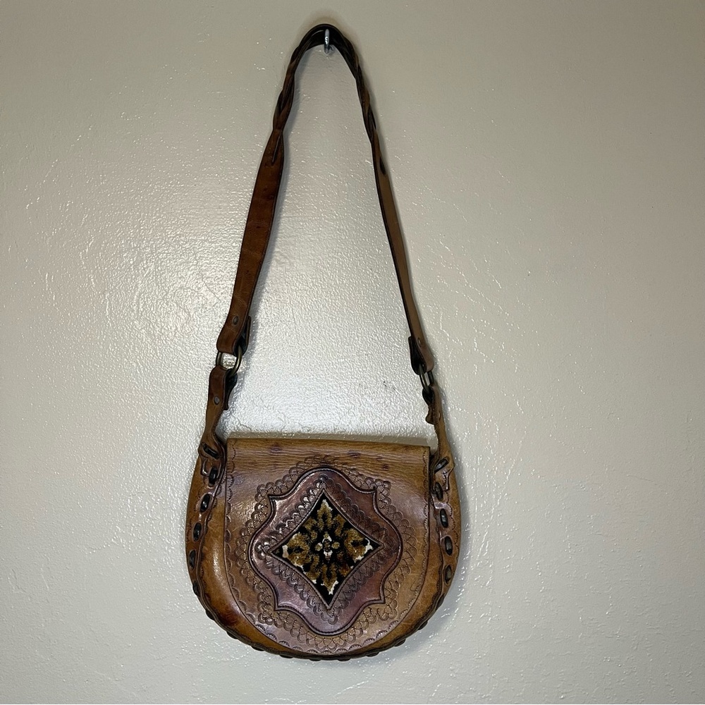 Handmade Vintage Tooled Leather 70s Boho Brown Braided Shoulder Saddle Bag Purse - Picture 2 of 8